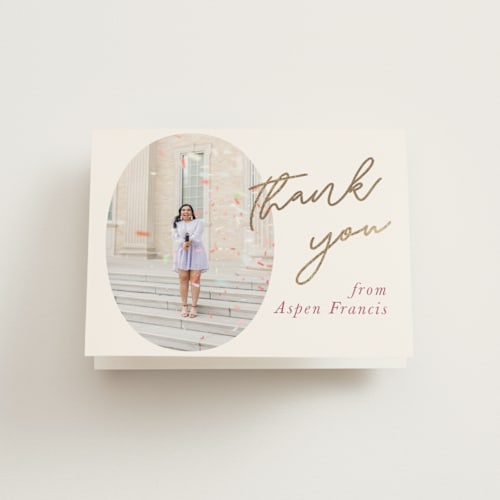 This is a blush graduation thank you cards with foil pressed by Carolyn Hunt called block print printing on strathmore in standard