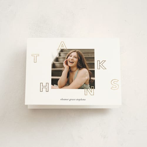 This is a powder graduation thank you cards with foil pressed by Samantha Wallace called joyful grad printing on strathmore in standard