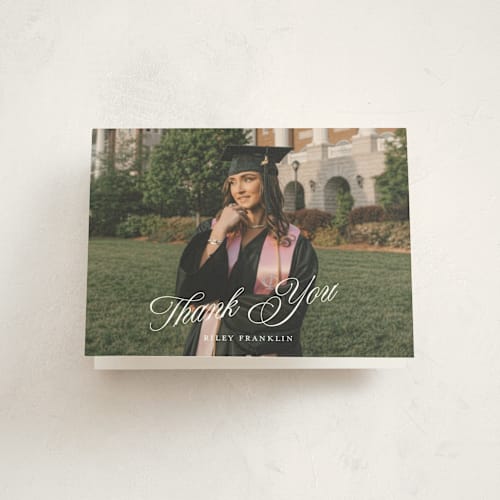 This is a pearl graduation thank you cards with standard by Paper Raven Co. called savannah script printing on strathmore in standard