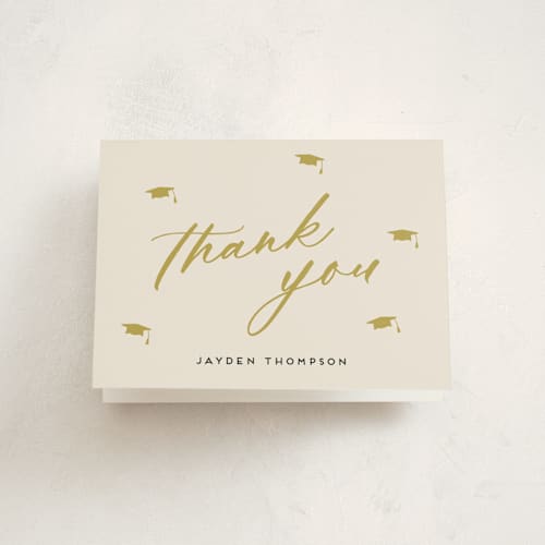 This is a mustard graduation thank you cards with standard by Louise Kay called celebrate the grad printing on strathmore in standard