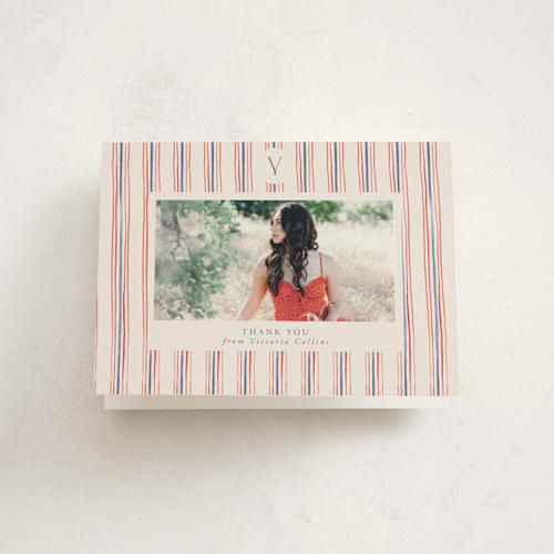 This is a navy graduation thank you cards with standard by Claudia Orengo called past and future printing on strathmore in standard
