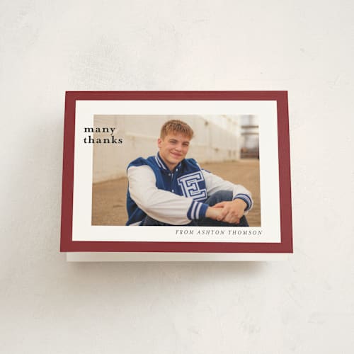 This is a crimson graduation thank you cards with standard by Deynaaz Daraei called naruna printing on strathmore in standard
