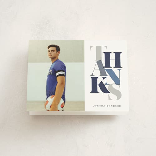 This is a navy graduation thank you cards with standard by Hooray Creative called in vogue printing on strathmore in standard