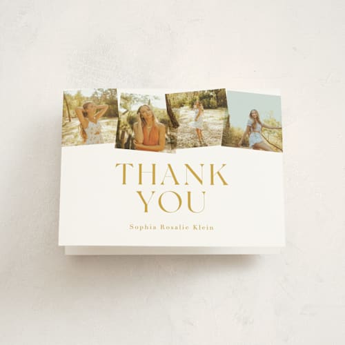 This is a mustard graduation thank you cards with standard by Hudson meet Rose called snapshot printing on strathmore in standard