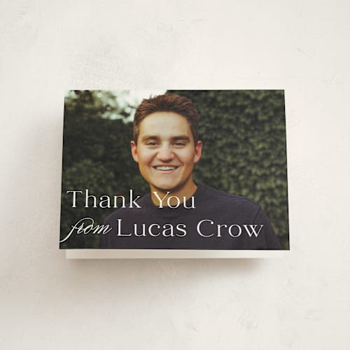 This is a blanco graduation thank you cards with standard by Megan Davis called classical grad printing on strathmore in standard