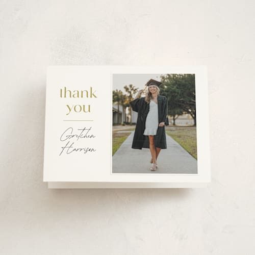 This is a marigold graduation thank you cards with standard by Ashlee Townsend called grad party time printing on strathmore in standard