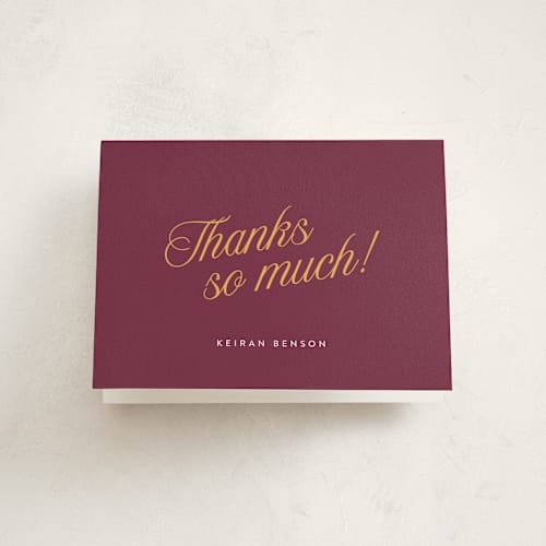 This is a maroon graduation thank you cards with standard by Leia Matt called varsity initial printing on strathmore in standard