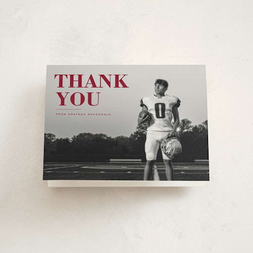 This is a crimson graduation thank you cards with standard by Emily Sabol Goss called bold headline printing on strathmore in standard