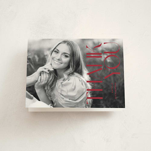 This is a cardinal graduation thank you cards with standard by Owl and Toad called colonnade printing on strathmore in standard