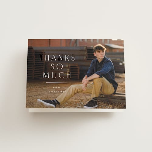 This is a linen graduation thank you cards with standard by Erica Krystek called stacked name printing on strathmore in standard