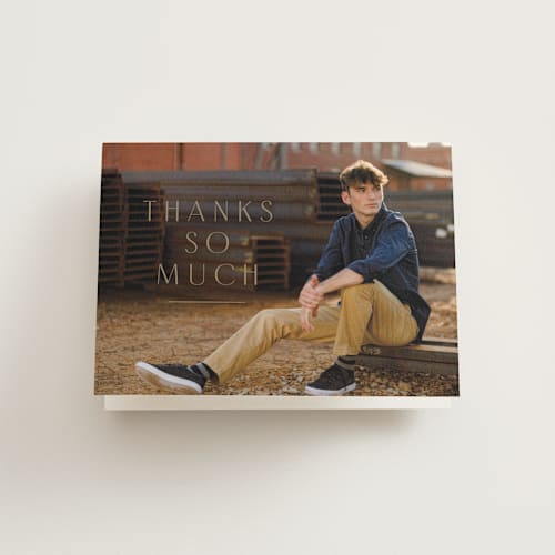 This is a golden graduation thank you cards with standard by Erica Krystek called stacked name printing on strathmore in standard