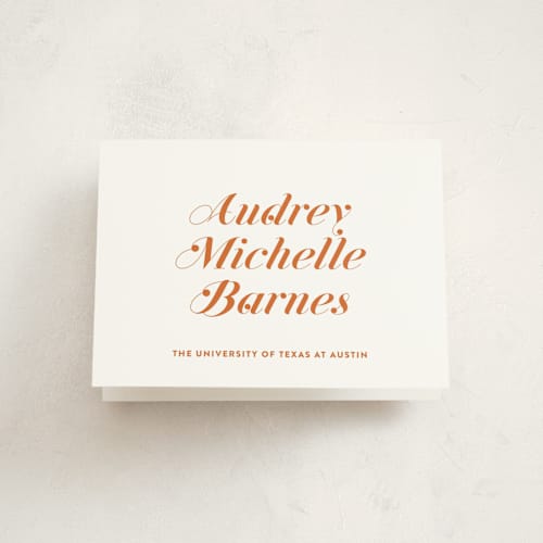 This is a burnt orange graduation thank you cards with standard by Megan Davis called class dismissed printing on strathmore in standard