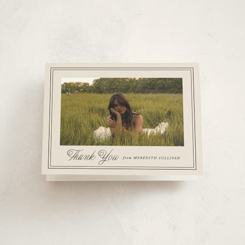 This is a almond graduation thank you cards with standard by Brianne Larsen called timeless border printing on strathmore in standard