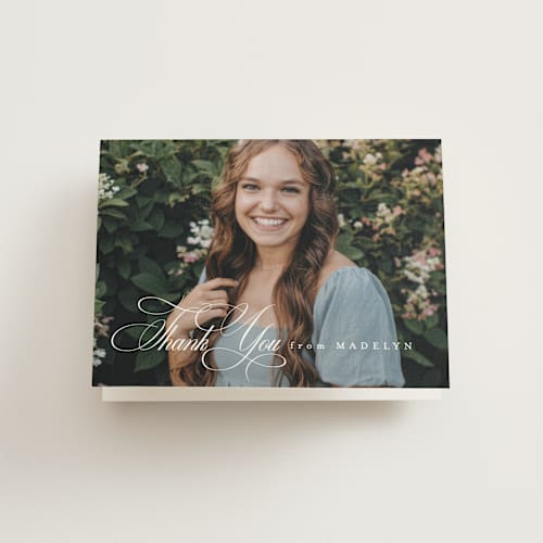 This is a salt graduation thank you cards with standard by Lea Delaveris called with a flourish printing on strathmore in standard