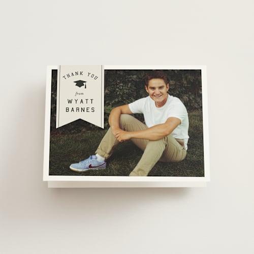 This is a taupe graduation thank you cards with standard by Sarah Curry called grad ribbon printing on strathmore in standard