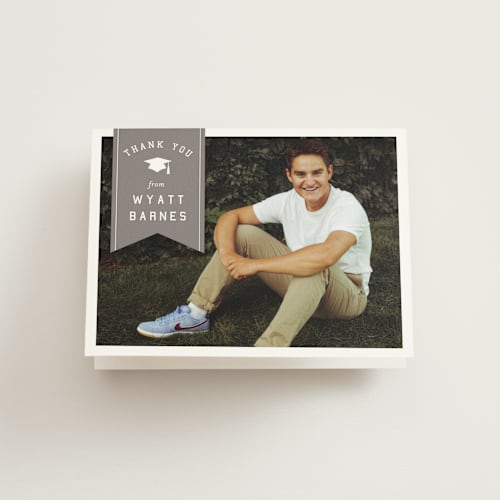 This is a cloud graduation thank you cards with standard by Sarah Curry called grad ribbon printing on strathmore in standard