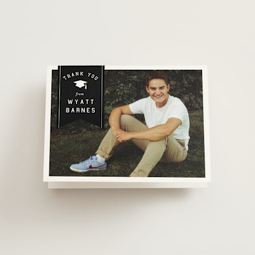 This is a onyx graduation thank you cards with standard by Sarah Curry called grad ribbon printing on strathmore in standard
