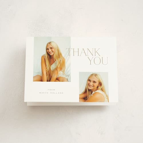 This is a taupe graduation thank you cards with standard by Ellen Schlegelmilch called editorial serif printing on strathmore in standard