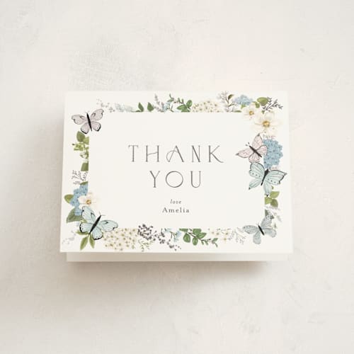 This is a periwinkle baby shower thank you cards with foil pressed by Susan Moyal called garden love printing on strathmore in standard