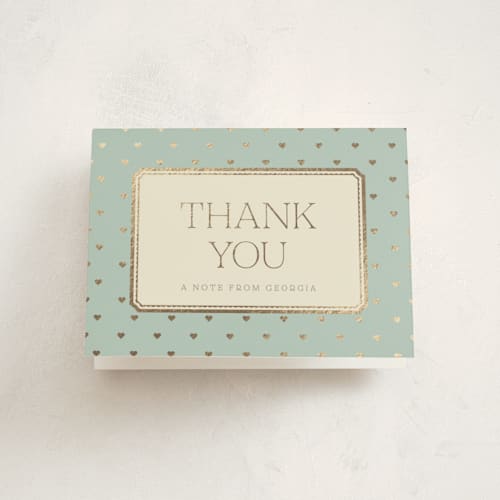 This is a seafoam baby shower thank you cards with foil pressed by Robert and Stella called brooke printing on strathmore in standard