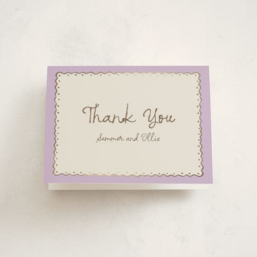 This is a lavender baby shower thank you cards with foil pressed by Pati Cascino called sugar printing on strathmore in standard