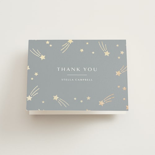 This is a slate baby shower thank you cards with foil pressed by Meggy Masters called little star printing on strathmore in standard