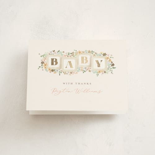 This is a honey baby shower thank you cards with foil pressed by Jennifer Wick called petite baby blocks printing on strathmore in standard