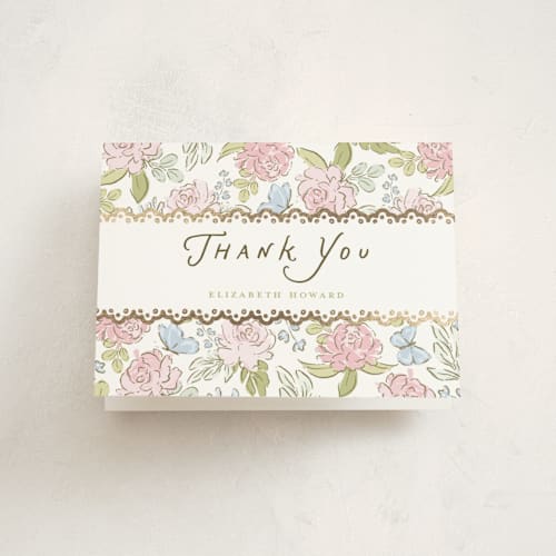 This is a peony baby shower thank you cards with foil pressed by Holton Art and Design called floral & lace baby shower printing on strathmore in standard