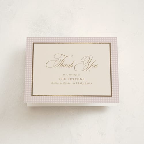 This is a lilac baby shower thank you cards with foil pressed by Tamara Hilje called eleganza printing on strathmore in standard