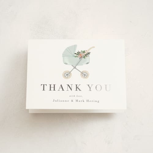 This is a mint baby shower thank you cards with foil pressed by Juliana Zimmermann called love and flowers printing on strathmore in standard