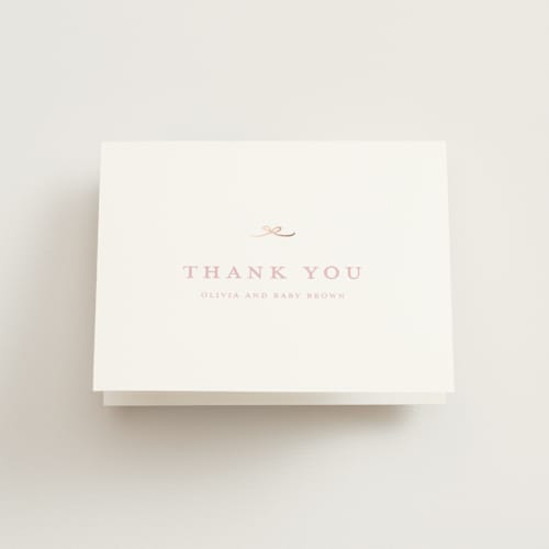 This is a blush baby shower thank you cards with foil pressed by Buddy Creative called tiny bow printing on strathmore in standard
