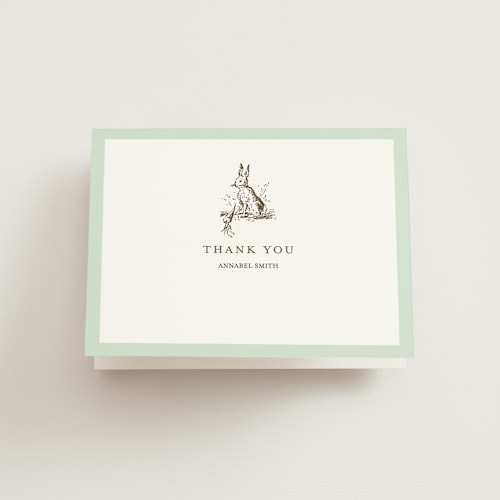 This is a mint baby shower thank you cards with standard by Megan Davis called classic bunny printing on strathmore in standard