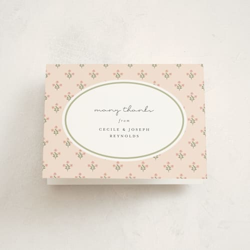 This is a peach baby shower thank you cards with standard by Sara Hicks Malone called petite fleur printing on strathmore in standard