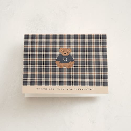 This is a navy baby shower thank you cards with standard by Erin German called teddy bear monogram printing on strathmore in standard