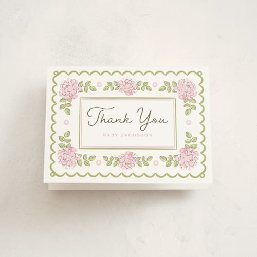 This is a rose baby shower thank you cards with standard by Holton Art and Design called garden rose doily printing on strathmore in standard