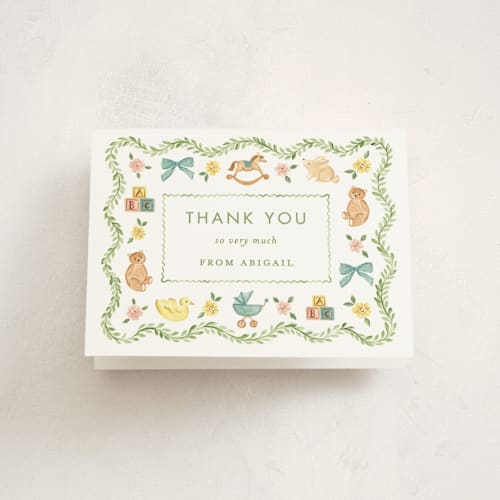 This is a leaf baby shower thank you cards with standard by Sarah Knight called wave printing on strathmore in standard