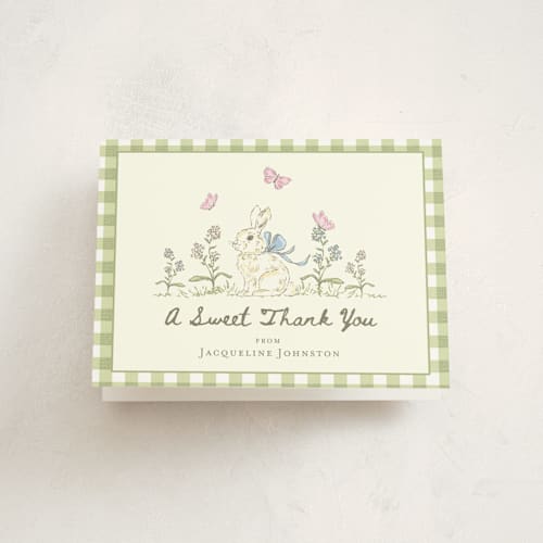 This is a grass baby shower thank you cards with standard by Holton Art and Design called somebunny special storybook printing on strathmore in standard