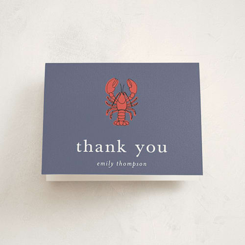 This is a denim baby shower thank you cards with standard by Wendy Taylor called my lobster printing on strathmore in standard