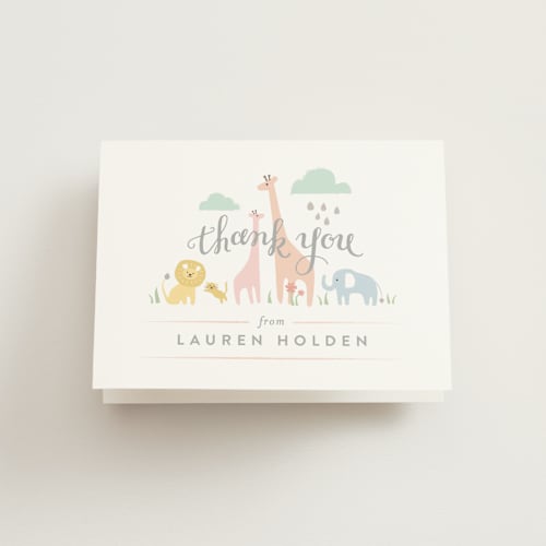 This is a forest baby shower thank you cards with standard by Jennifer Wick called petite jungle shower printing on strathmore in standard