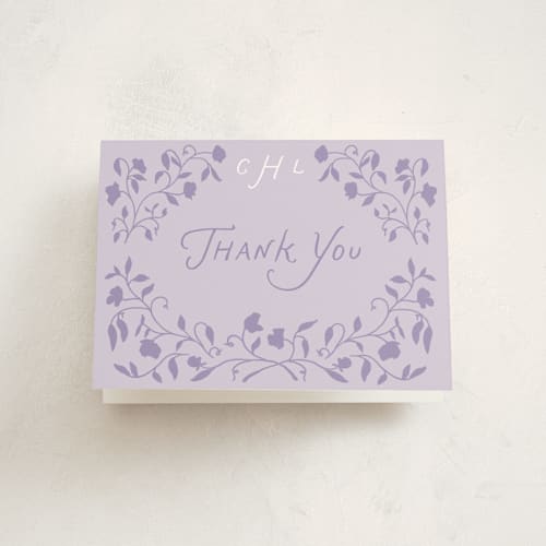 This is a lilac baby shower thank you cards with standard by Leah Bisch called sweet pea printing on strathmore in standard