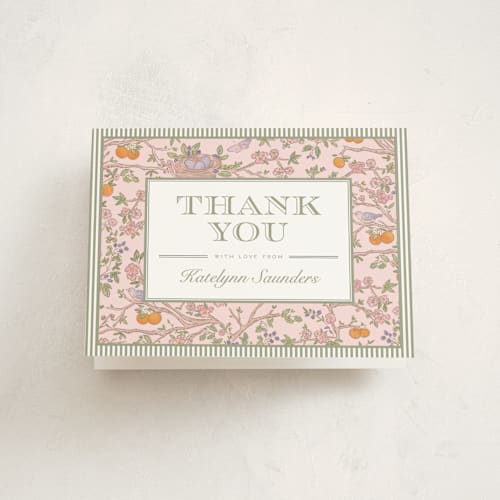 This is a petal baby shower thank you cards with standard by Jenna Holcomb called bird and bough printing on strathmore in standard