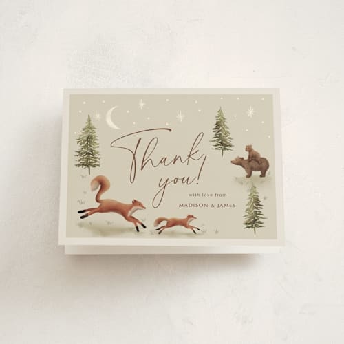 This is a olive baby shower thank you cards with standard by Elly called forest adventure printing on strathmore in standard