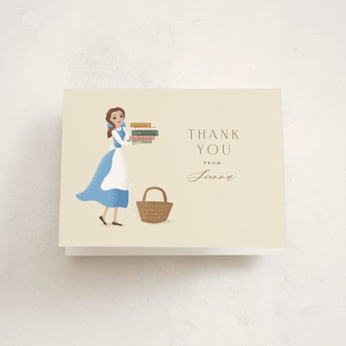 This is a hicory baby shower thank you cards with standard by Jennifer Wick called disney's belle's books printing on strathmore in standard