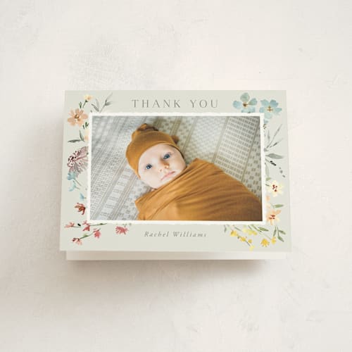 This is a meadow baby shower thank you cards with standard by Petra Kern called gentle wildflower printing on strathmore in standard