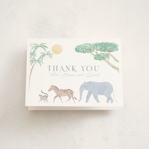 This is a sky blue baby shower thank you cards with standard by Sabrin Deirani called africa printing on strathmore in standard