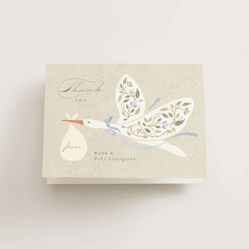 This is a cornflower baby shower thank you cards with standard by Susan Zinader called blooming stork printing on strathmore in standard