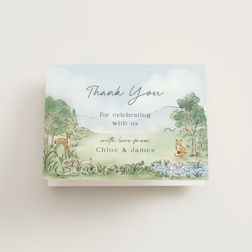 This is a forest baby shower thank you cards with standard by Elly called a woodland adventure printing on strathmore in standard
