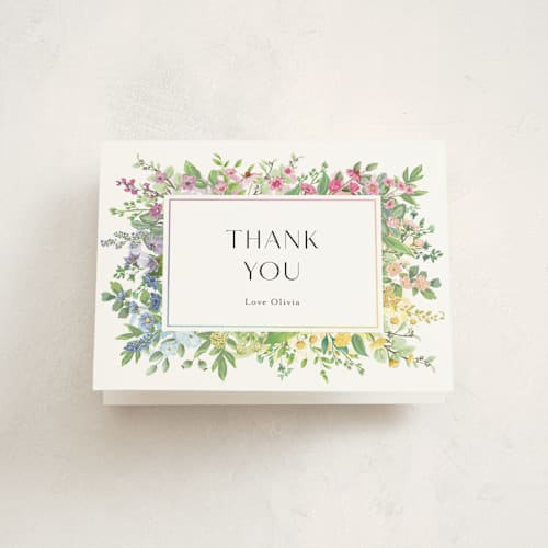 This is a cotton baby shower thank you cards with standard by Susan Moyal called flower garden printing on strathmore in standard