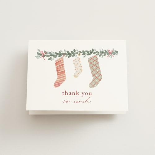 This is a cranberry baby shower thank you cards with standard by Rebecca Durflinger called merry little stockings printing on strathmore in standard