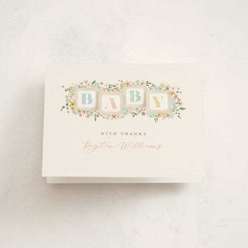 This is a honey baby shower thank you cards with standard by Jennifer Wick called petite baby blocks printing on strathmore in standard